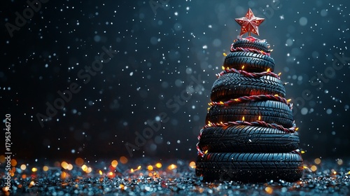 Creative Christmas Tree Made of Car Tires with Star Topper and String Lights Against a Dark Blue Background with Falling Snow
