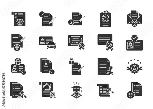 Legal document thin glyph icon set. Containing agreement, contract, passport, official letter, testament, driving license, certificate, patent, id card, lease agreement. Vector illustration