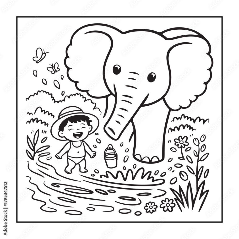 Obraz premium Animals with kids like the elements of black and white coloring pages for children, adults, and teens.