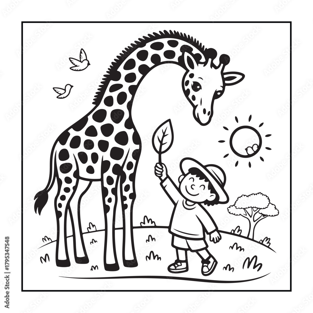 Obraz premium Animals with kids like the elements of black and white coloring pages for children, adults, and teens.