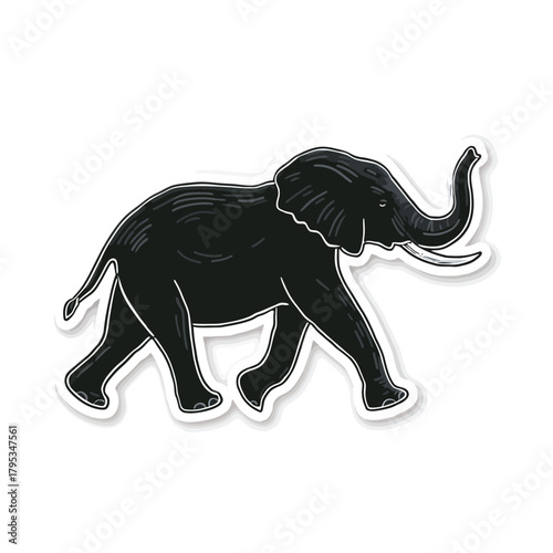 Black elephant illustration walking forward isolated on white background