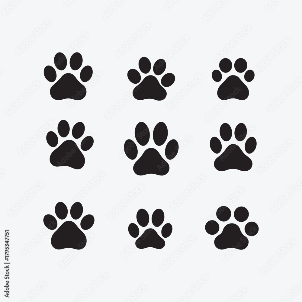 Fototapeta premium Dog paw print icon vector illustration pattern seamless animal footprint design pet art silhouette cartoon track texture shape nature wallpaper