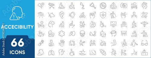 A set of accessibility icons including wheelchair access, braille, hearing aid, prosthetic, mobility cane. Minimal outline design for healthcare, NGOs, and universal access projects.