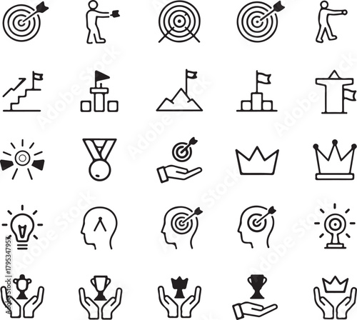 Collection of Business and Success Related Icons in Outline Style Keywords: goal, target, dart