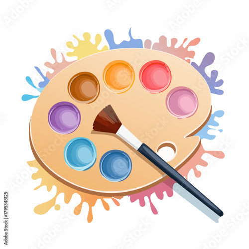 Paleta malarska z kolorowymi farbami i pędzlem, kreatywna ilustracja sztuki.
