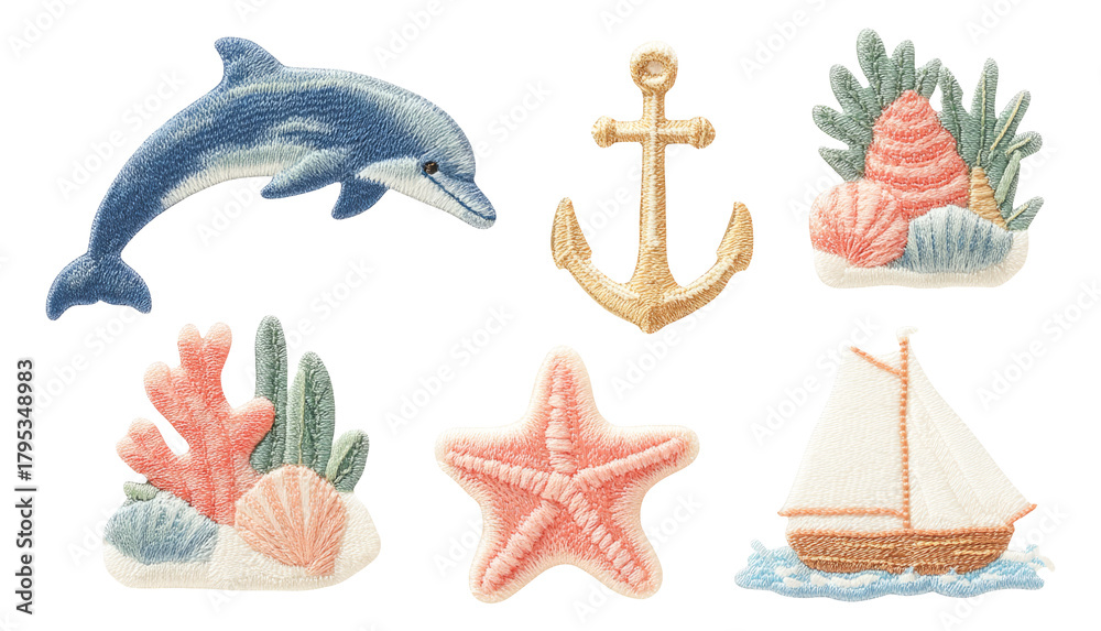 Naklejka premium Marine Adventure Symbols featuring Dolphin, Anchor, Starfish, and Sailboat Designs