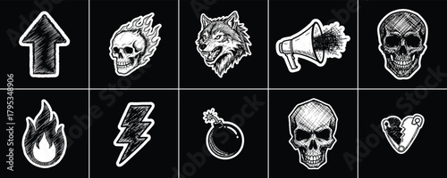 Grungy Hand Drawn Icons Set for Sticker and Graphic Design