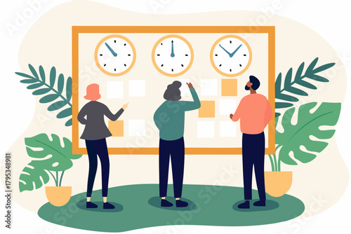 Zespół planuje zadania przy tablicy z zegarami, zarządzanie czasem i projektami w pracy.