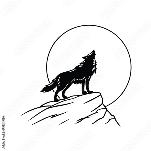 Silhouette of a wolf howling at the moon on a cliff