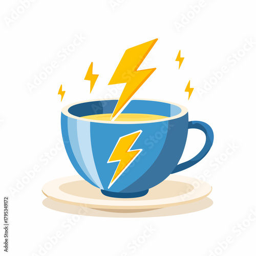 Kubek kawy z błyskawicą, symbol natychmiastowej energii i pobudzenia.