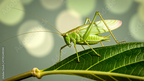 A macro photograph of a green katydid insect perched on a large green leaf