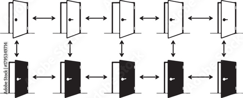 Open and Closed Doors with Arrows Indicating Choice Keywords: door, opening, closing, open
