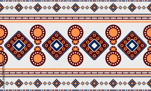 Ethnic Tribal Seamless Textile Pattern – Boho Decorative Ikat Diamond and Circle Design in White Crimson Indigo for Fashion and Interior Decor