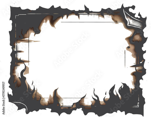  A dramatic burnt frame surrounds a white center, featuring charred edges and smoky flames. Strong mood of resilience and vintage grunge, suitable for artistic and design