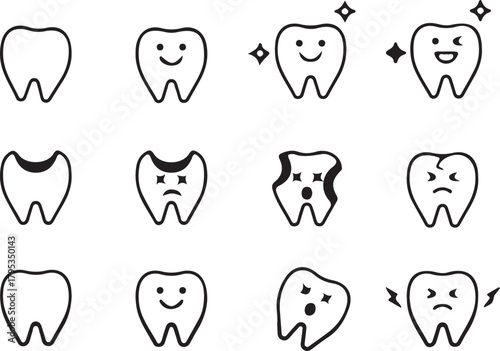 Set of Tooth Icons Showing Different Conditions and Emotions teeth smile