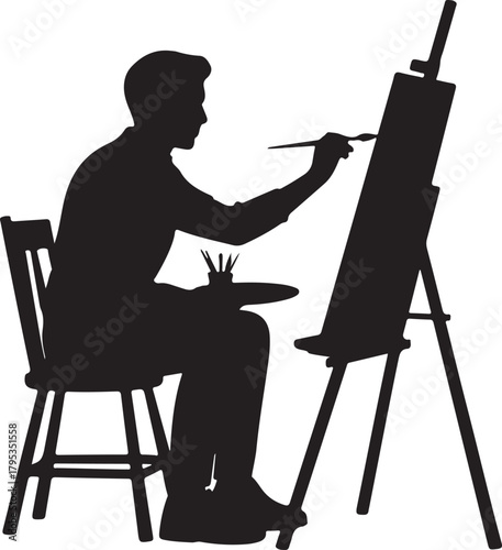 Silhouette of artist painting on easel with palette and brush on white background