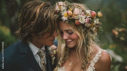 Fototapeta Naklejka Na Ścianę i Meble -  Whimsical outdoor portrait of young couple with apples and flower crowns in sunny meadow