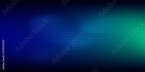 halftone with blue-green gradation, abstract background pattern, neon light reflecting walls and floors, dark colors, and feel the speed of digital technology connected with blue-green background.