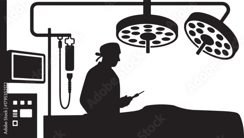 Silhouette of surgeon in operating room with medical equipment surgery hospital