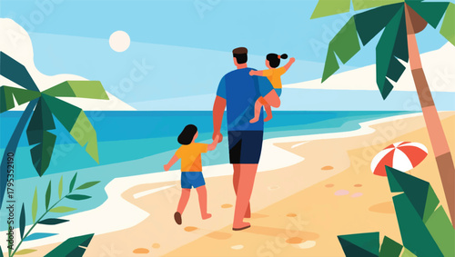 Illustration Of A Father Holding A Baby And Holding A Small Child's Hand On The Beach Vector Design Template