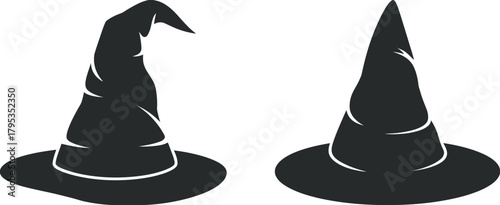 Simple black and white silhouette illustration of two classic witch hats, perfect for Halloween and magical designs