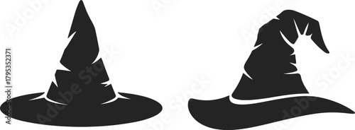 A digital vector illustration of two classic pointed witch hat silhouettes