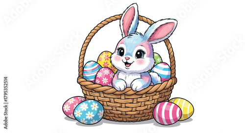 Adorable Easter bunny in basket with colorful decorated eggs illustration