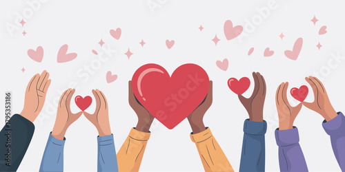 A flat minimalist illustration of multiple diverse hands holding up hearts