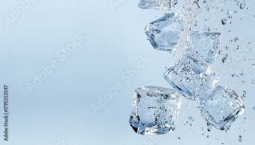 Ice Cubes Falling, Abstract Composition, Minimalist Design, Fluid Texture, Cold, Water.
