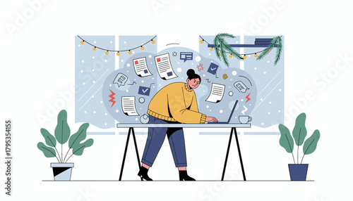 Deadline stress Frustrated woman dealing with chaos paperwork and heavy workload