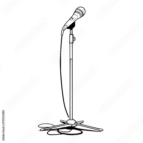 Illustration of a microphone on a stand with a cable in black and white simple line drawing style art