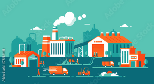Factory production and logistics workflow illustration Workers load delivery trucks at the industrial warehouse