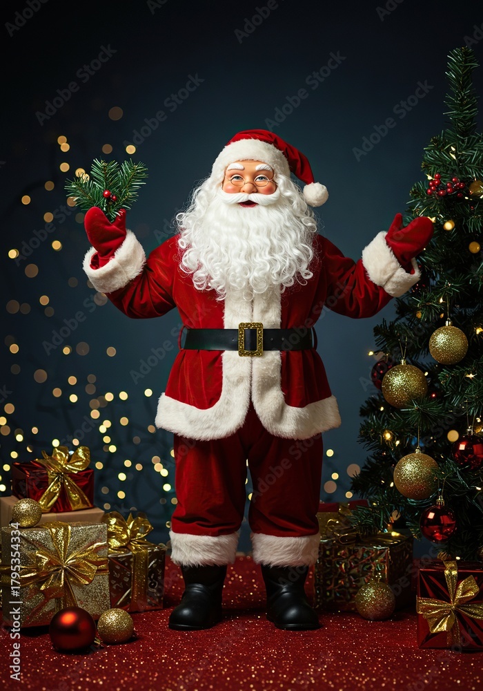 Fototapeta premium A joyful, traditional Santa Claus figure celebrating the holiday season amidst vibrant decorations and sparkling lights ,festive ,joyous ,Santa