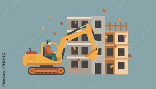 Worker operating an excavator at a construction site for new urban development