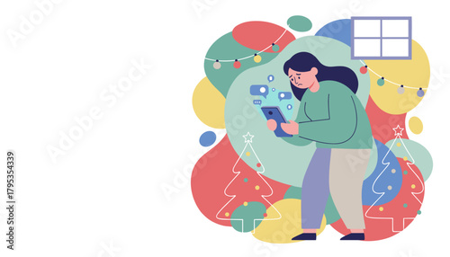 Holiday stress Sad woman overwhelmed by social media messages and notifications on her phone