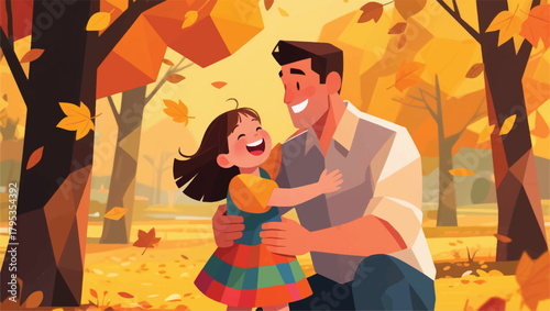 Illustration Of A Father And Daughter With A Scene Of Falling Leaves Vector Design Template
