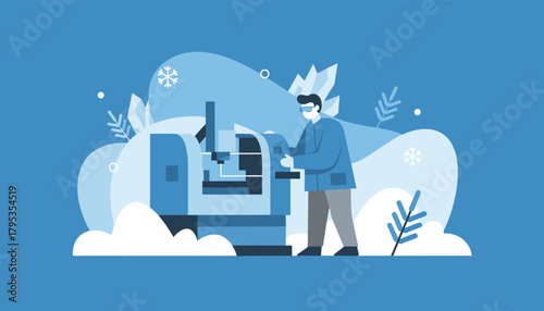 Professional operator working on CNC machining center in a cold blue industrial setting