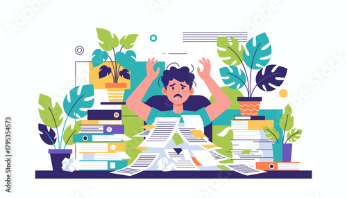 Stressed person buried under office paperwork symbolizing overload deadlines and anxiety