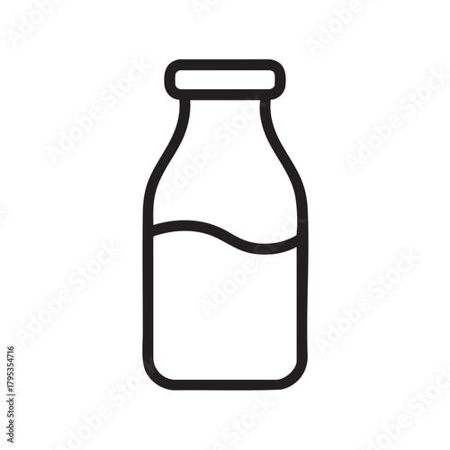 A simple black and white line drawing depicts a glass bottle partially filled with liquid likely milk