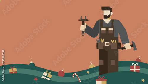 Cartoon worker with tools against a festive Christmas background of gifts and ornaments
