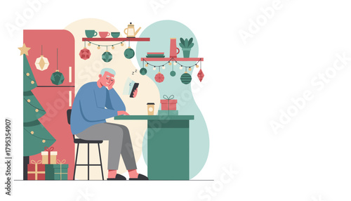 Exhausted senior man naps while holding phone during the holiday season