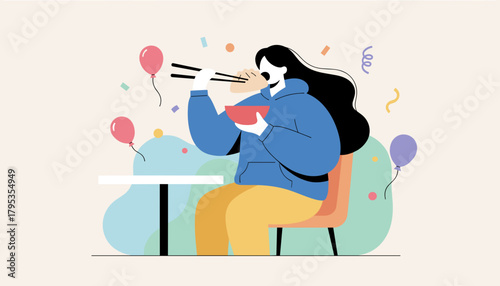 Casual illustration of a woman enjoying Asian noodles with chopsticks in a celebratory setting