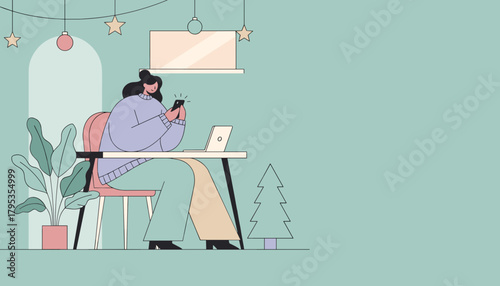Woman using phone at desk in festive home office Remote work social media or holiday shopping