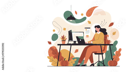 Woman working on a computer in a cozy autumnal home office Remote work and seasonal productivity illustration