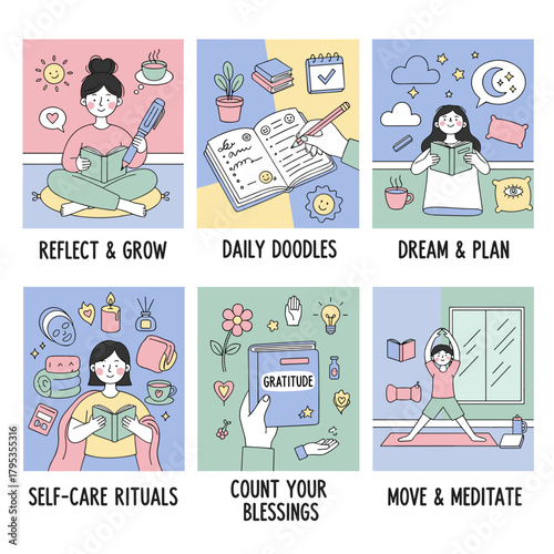 A collage of selfcare and mental health routine illustrations journaling reflection gratitude and yoga practice