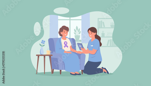 Caregiver providing supportive home healthcare to patient with purple awareness ribbon