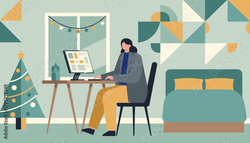 Woman works remotely on a computer in a festive home office setting during the winter holidays