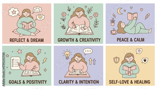 Cute set of 6 illustrations for mental wellness journaling reflection growth and selflove concepts