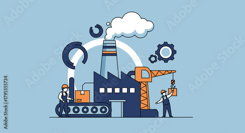 Flat vector illustration of industrial factory operations manufacturing labor and construction