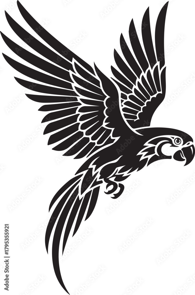 Obraz premium Flying Parrot Silhouette Vector Tropical Macaw with Spread Wings
